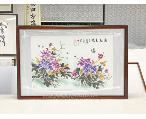 国画牡丹花《紫气东来》 装裱画框   