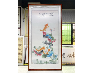四尺整 国画九鱼图裱框《莲花盛开鱼儿乐》